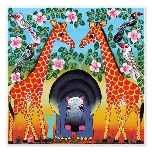 Hippo between giraffes de Mrope Tanzania Art & Licensing