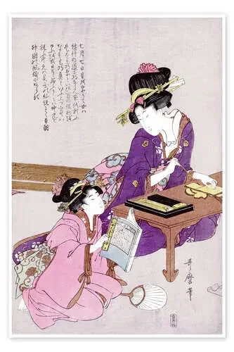La mujer está sentada en el escritorio y una niña la está mirando de Kitagawa Utamaro Bridgeman Images