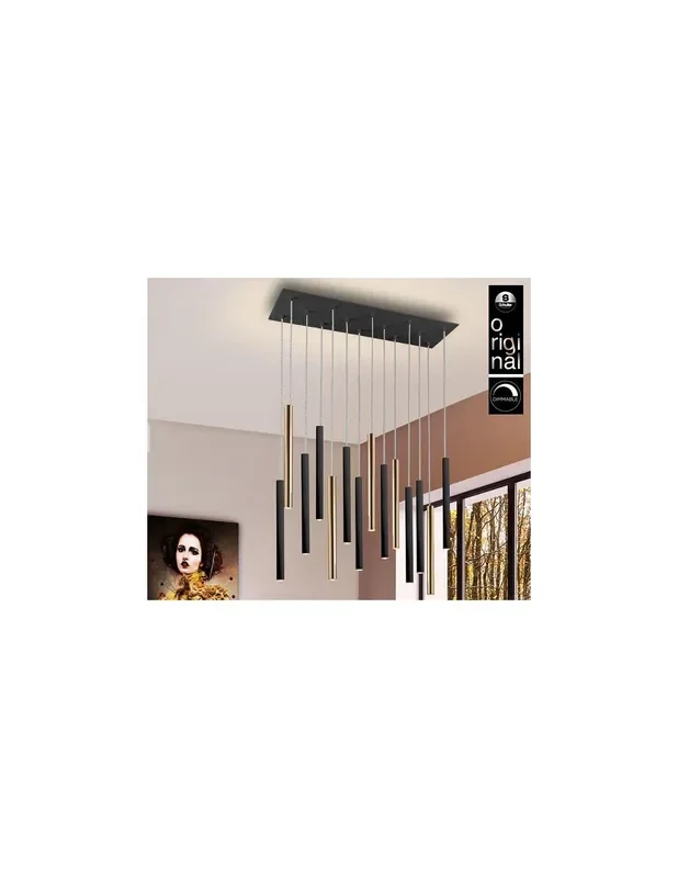 Lámpara Varas de 14 Luces Negro Oro Dimable