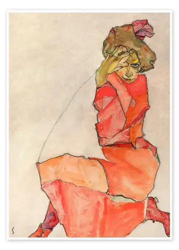 Mujer arrodillada con vestido rojo de Egon Schiele Master Collection