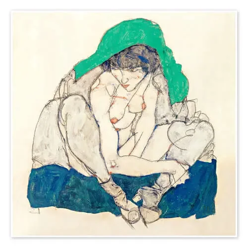 Mujer sentada con pañuelo verde en la cabeza de Egon Schiele Master Collection