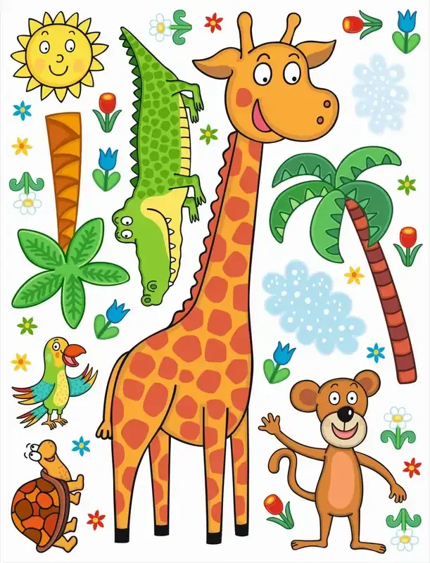 mural decorativo autoadhesivo animales de la selva verde, naranja y azul de Sanders & Sanders – 600242