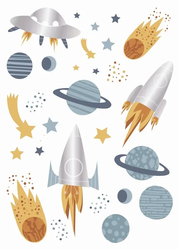 mural decorativo autoadhesivo planetas en el espacio azul, gris y amarillo de ESTAhome – 156109