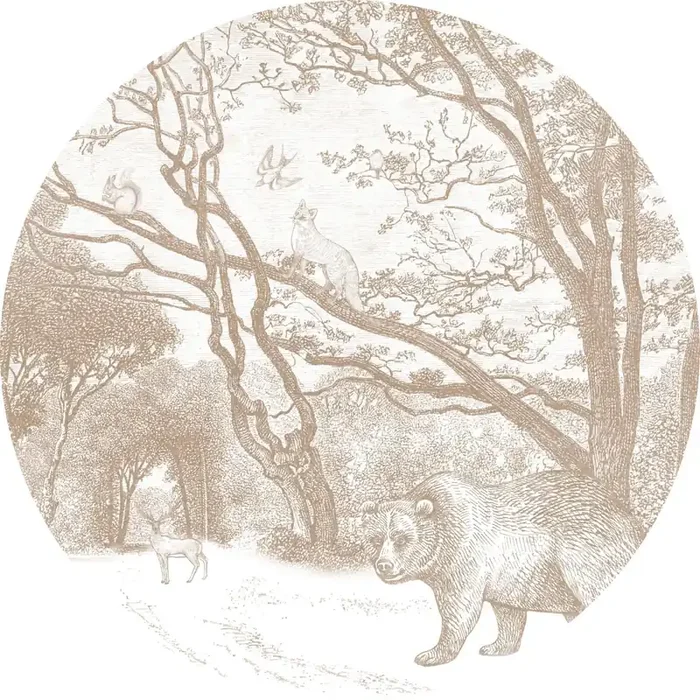 mural redondo autoadhesivo bosque con animales del bosque beige de ESTAhome – 159085