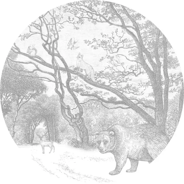 mural redondo autoadhesivo bosque con animales del bosque gris de ESTAhome – 159070