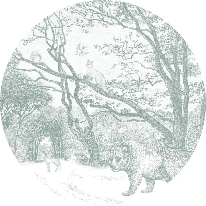 mural redondo autoadhesivo bosque con animales del bosque verde de ESTAhome – 159084