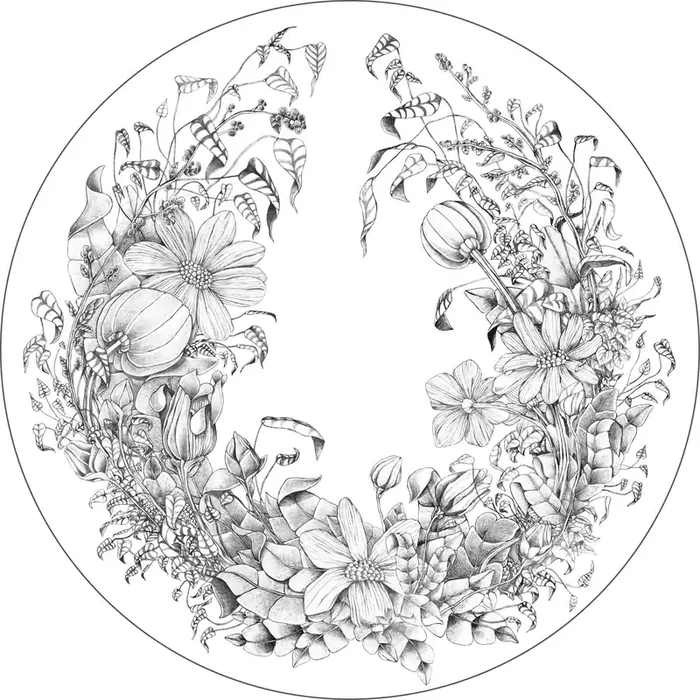 mural redondo autoadhesivo dibujo de flores blanco y negro de ESTAhome – 159109