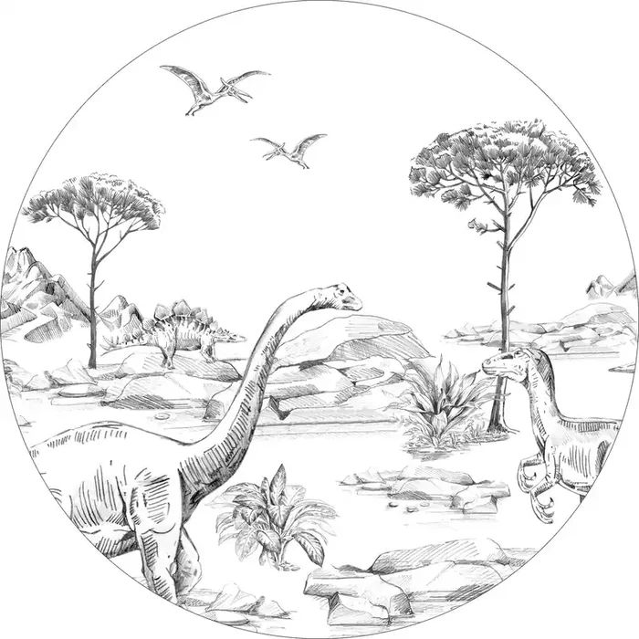 mural redondo autoadhesivo dinosaurios blanco y negro de ESTAhome – 159073