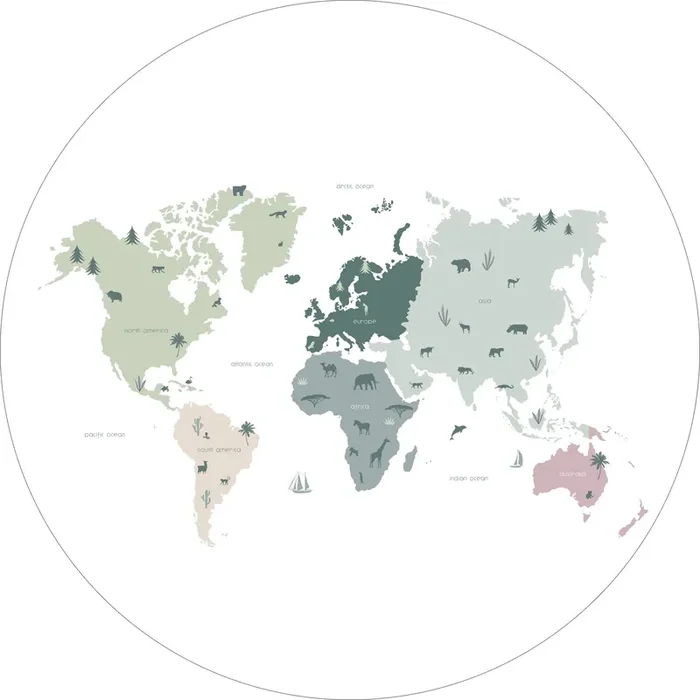 mural redondo autoadhesivo mapa mundial para niños menta verde, gris y rosa de ESTAhome – 158986