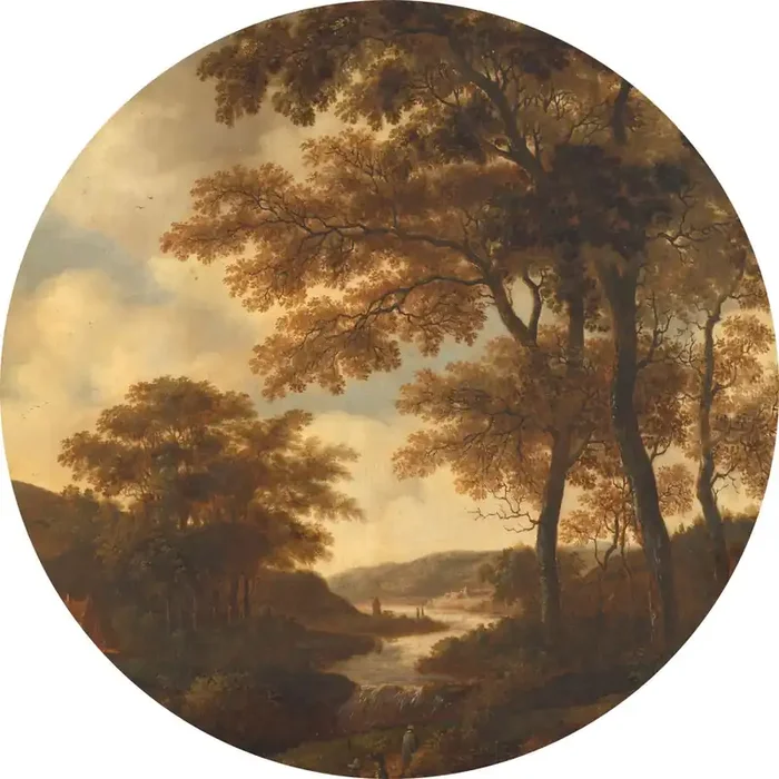 mural redondo autoadhesivo paisaje boscoso naranja de ESTAhome – 159012