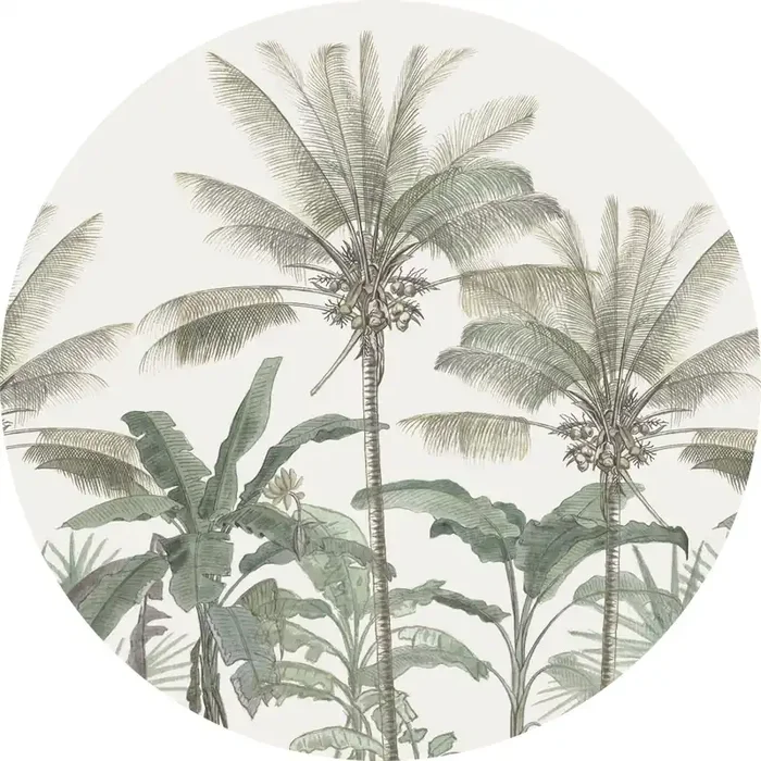 mural redondo autoadhesivo palmeras beige claro y verde grisáceo de ESTAhome – 159007