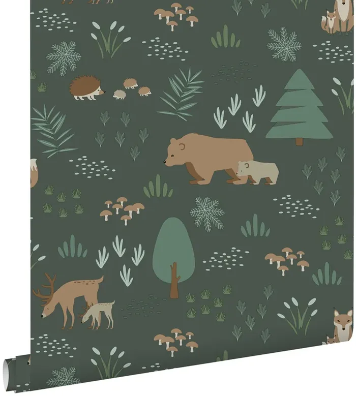 papel pintado bosque con animales del bosque verde oscuro de ESTAhome – 139249