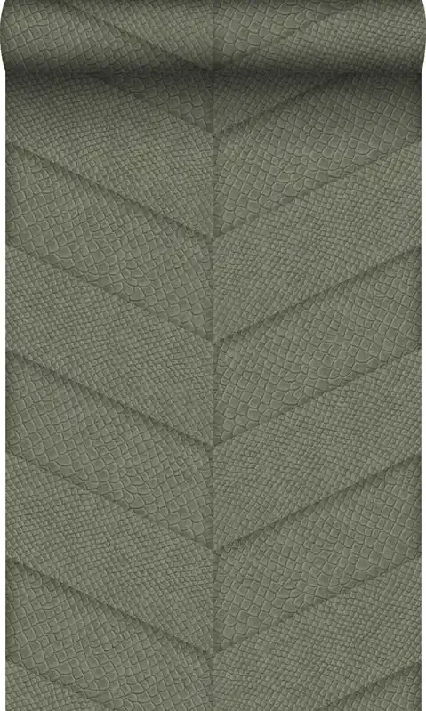 papel pintado motivo de azulejos con imitación de piel de serpiente verde oliva agrisado de Origin Wallcoverings – 347792
