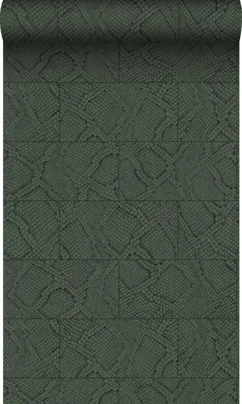 papel pintado motivo de azulejos con imitación de piel de serpiente verde oscuro de Origin Wallcoverings – 347789