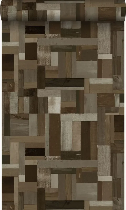 papel pintado motivo de tablas de madera de desecho recuperada marrón oscuro de Origin Wallcoverings – 337221