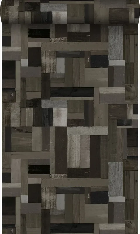 papel pintado motivo de tablas de madera de desecho recuperada negro y gris de Origin Wallcoverings – 337222
