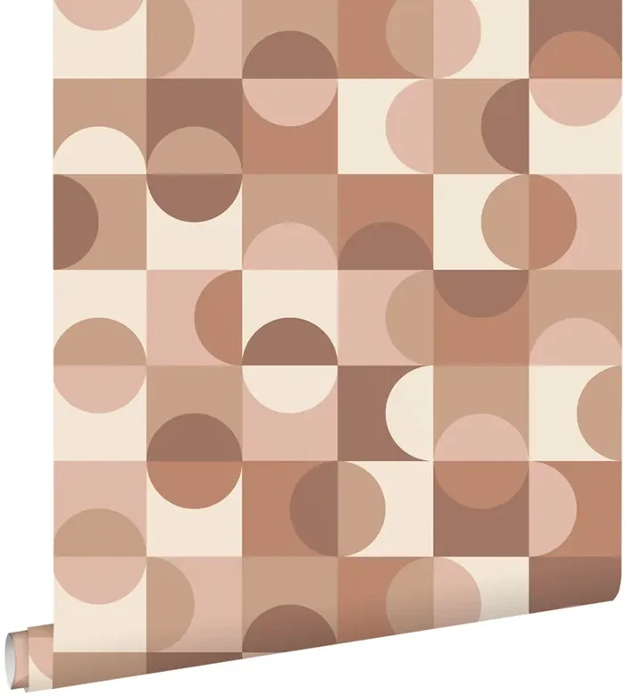 papel pintado motivo geométrico en estilo Bauhaus beige, marrón y rosa claro de ESTAhome – 131242