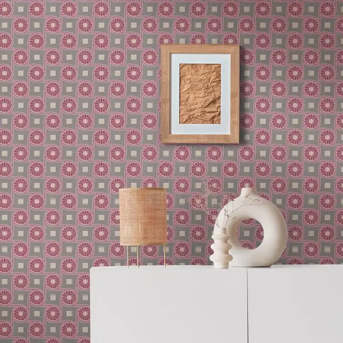 papel pintado motivo gráfico morado lila, rojo, gris y beige de Livingwalls – AS-390602