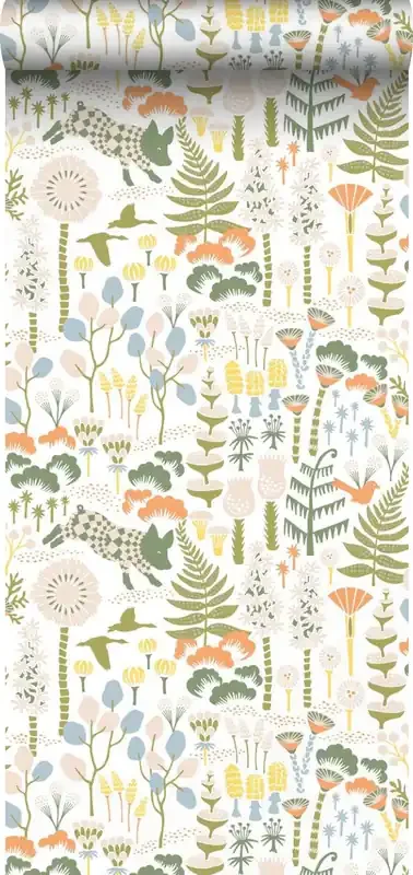 papel pintado paisaje boscoso verde, naranja y amarillo de Borastapeter – 660789