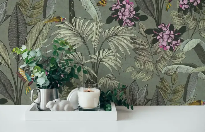 papel pintado paisaje boscoso verde, rosa y amarillo de Livingwalls – AS-387382
