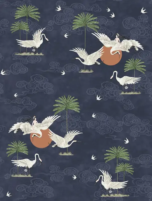 papel pintado pájaros grulla azul oscuro y marrón de Walls4You – 640341