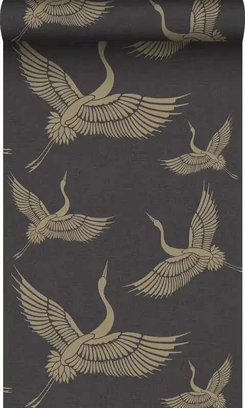 papel pintado pájaros grulla negro y beige de Origin Wallcoverings – 347810