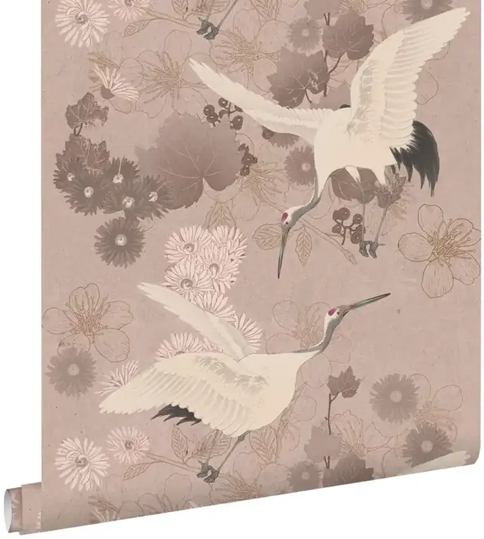 papel pintado pájaros grulla rosa gris de ESTAhome – 139582