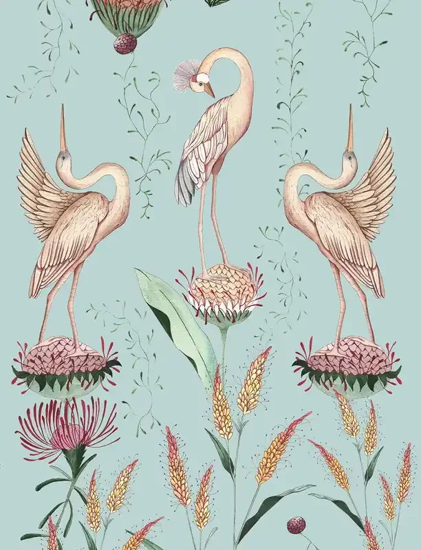 papel pintado pájaros grulla turquesa y rosa de Walls4You – 640148