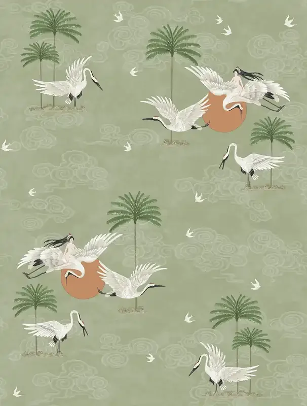 papel pintado pájaros grulla verde de Walls4You – 640343
