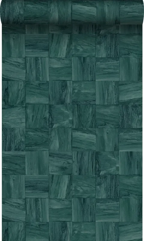 papel pintado pedazos cuadrados de madera de desecho recuperada azul petroleo de Origin Wallcoverings – 347933