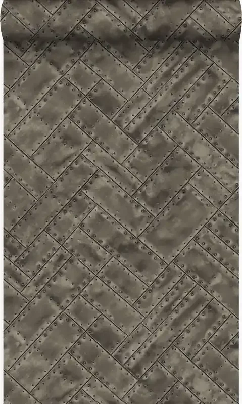 papel pintado placas de metal con remaches en motivo de espina de pez en espiga marrón de Origin Wallcoverings – 337244