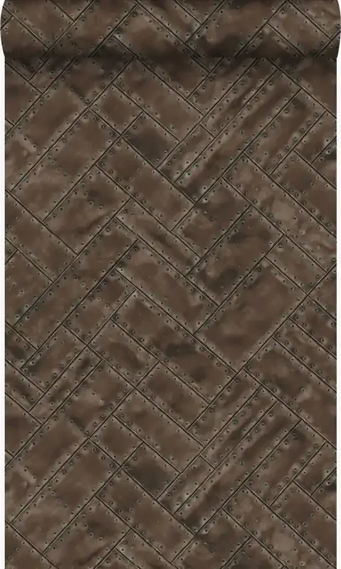 papel pintado placas de metal con remaches en motivo de espina de pez en espiga marrón herrumbre de Origin Wallcoverings – 337239