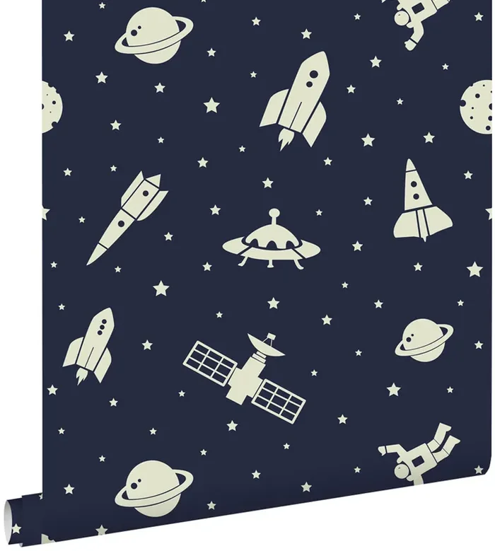 papel pintado planetas en el espacio azul oscuro y blanco de ESTAhome – 139462