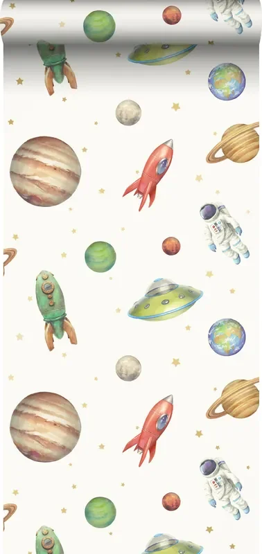 papel pintado planetas en el espacio blanco, verde y rojo de Sanders & Sanders – 935346