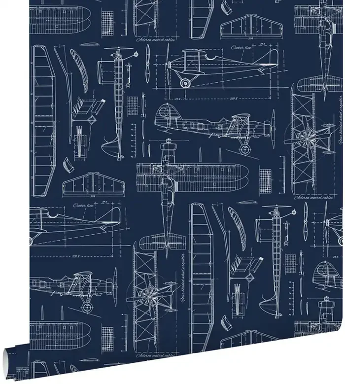 papel pintado planos de construcción de aviones azul oscuro de ESTAhome – 128810