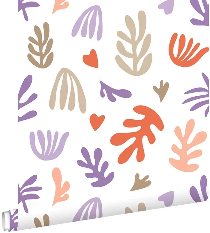 papel pintado plantas en estilo Matisse beige, naranja y morado de ESTAhome – 131018