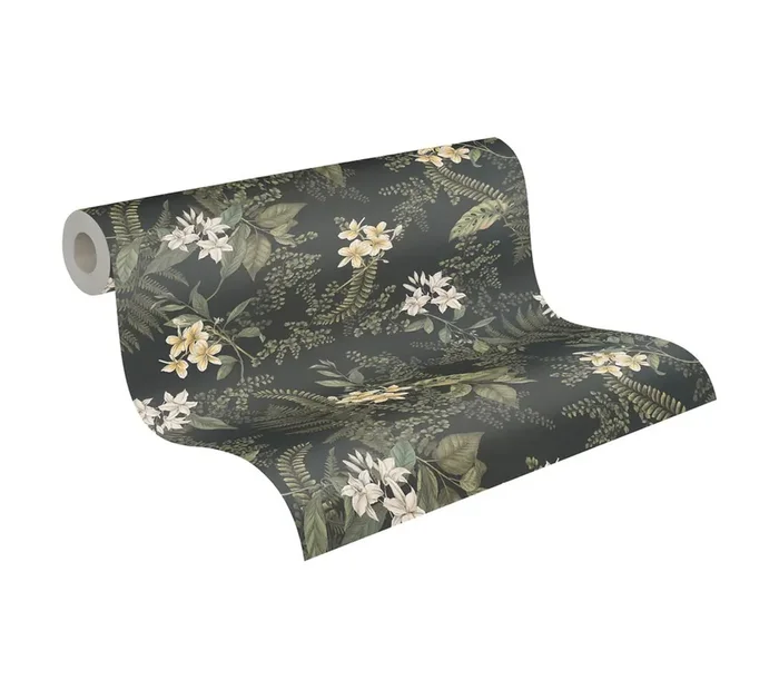 papel pintado plantas negro, verde oscuro, blanco y amarillo de Livingwalls – AS-394244