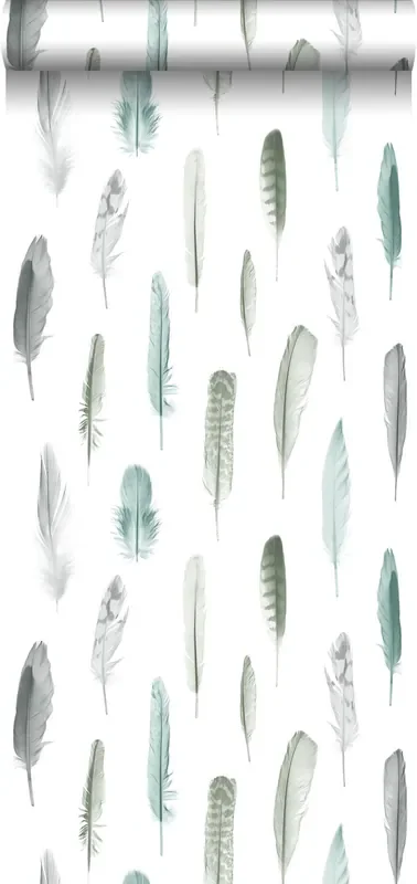 papel pintado plumas gris, azul y blanco de Walls4You – 935296