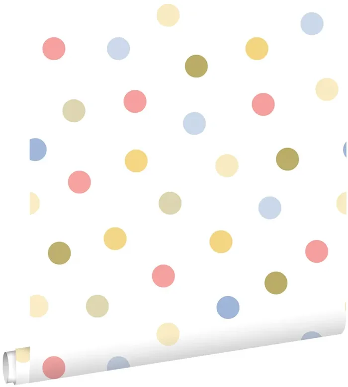 papel pintado puntos lunares polka dots azul, rosa, verde y amarillo de ESTAhome – 131620