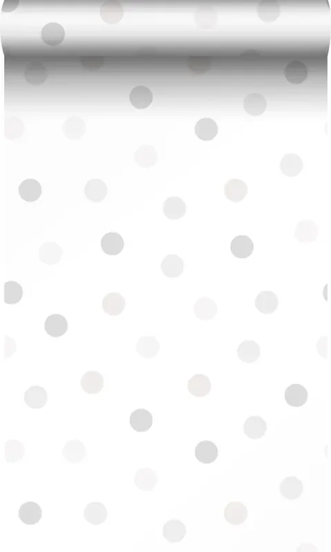 papel pintado puntos lunares polka dots beige crema claro, gris claro cálido y gris plata brillante de Origin Wallcoverings – 347508