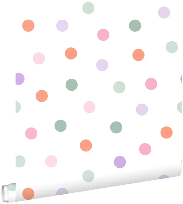 papel pintado puntos lunares polka dots morado, naranja, rosa y verde de ESTAhome – 131622