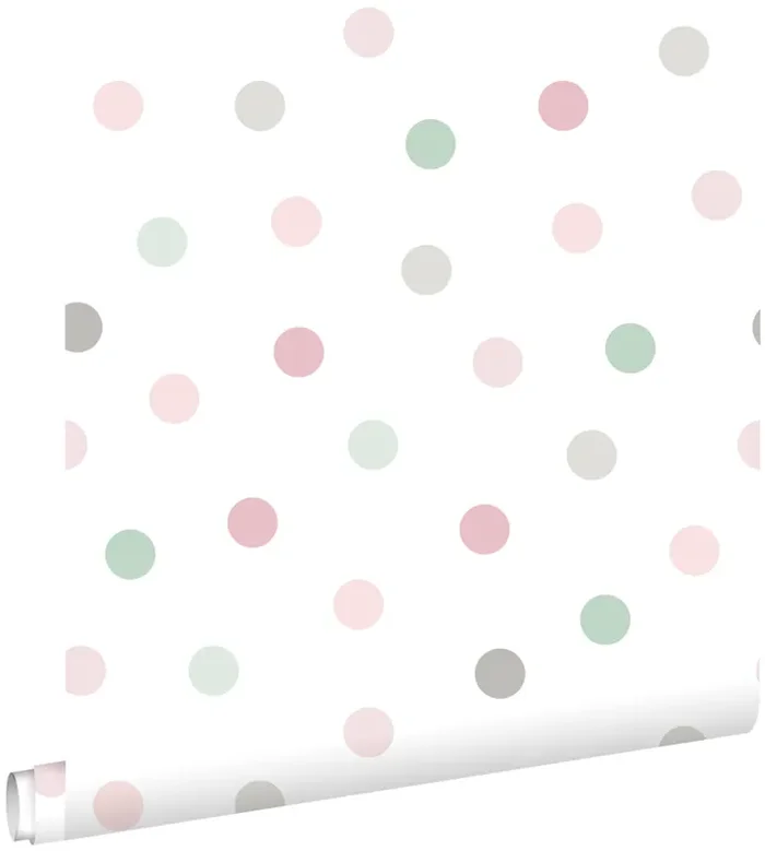 papel pintado puntos lunares rosa, verde y gris de ESTAhome – 139040