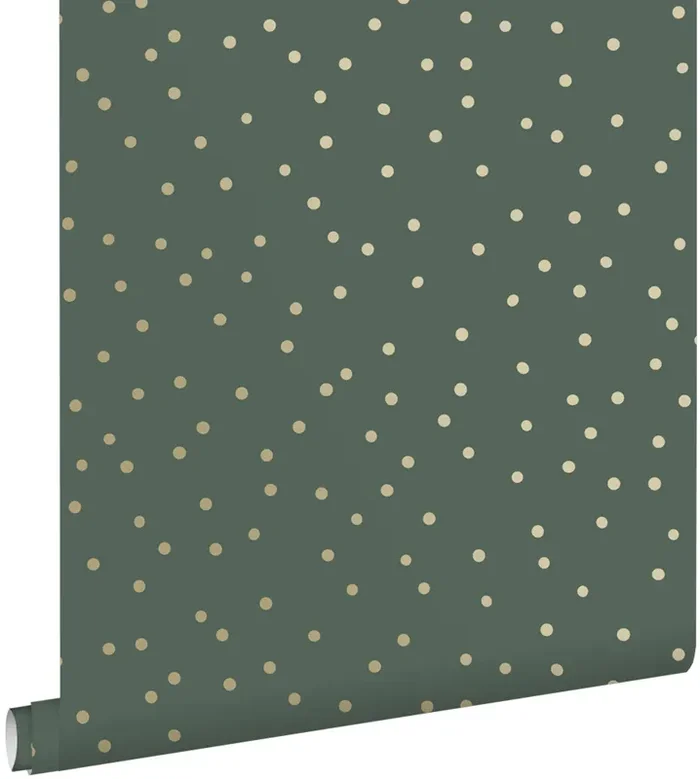 papel pintado puntos lunares verde oscuro y oro de ESTAhome – 139275