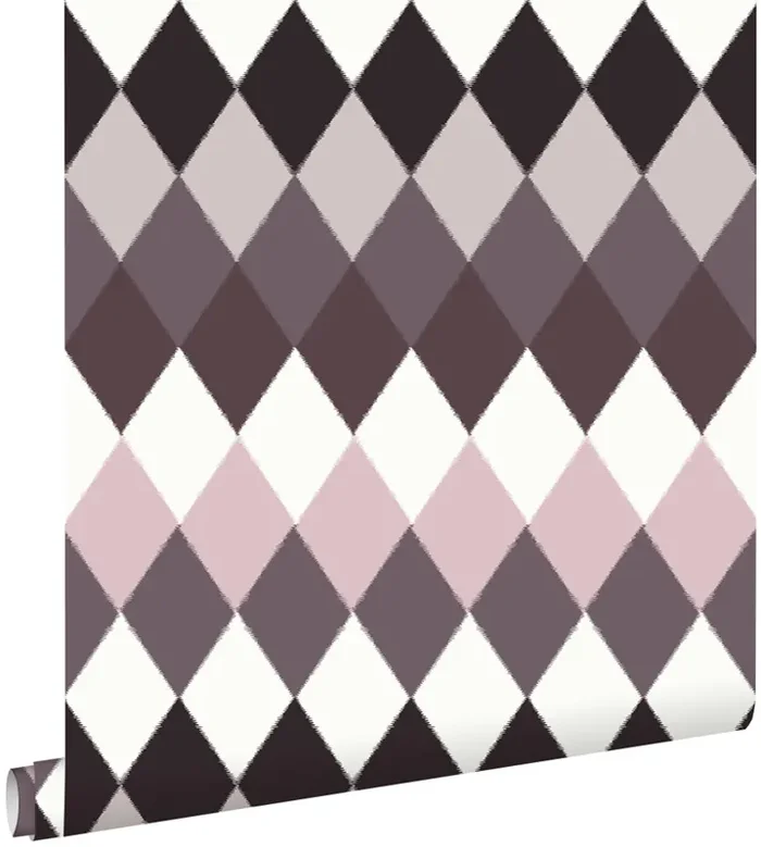 papel pintado raya horizontal de rombos diamantes con textura de lino multi color tonos de morado pardo de ESTAhome – 148681