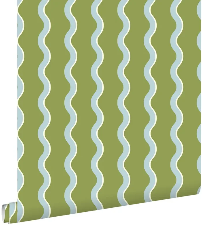 papel pintado rayas onduladas verde y azul de ESTAhome – 131726