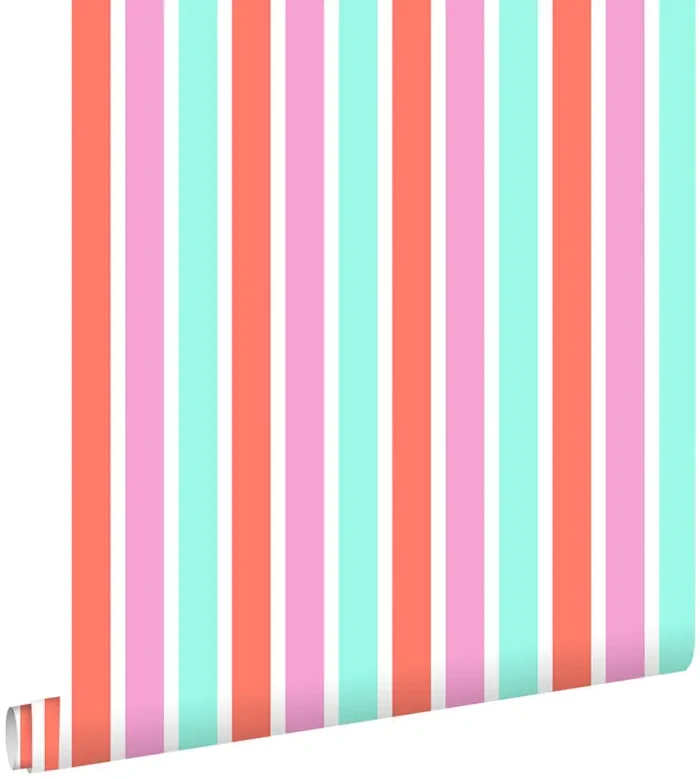 papel pintado rayas verticales rosa, turquesa y rojo coral de ESTAhome – 138704