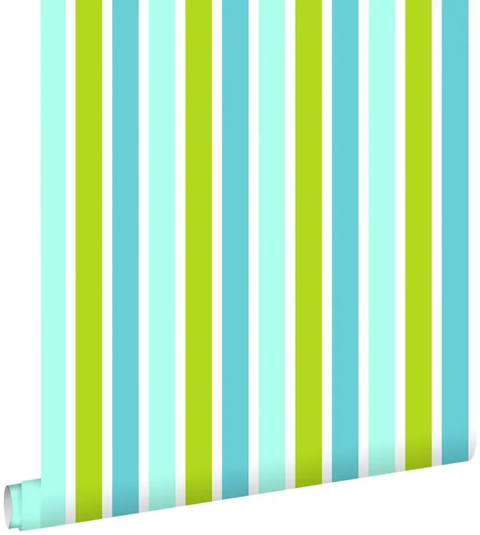 papel pintado rayas verticales turquesa, verde limón y blanco de ESTAhome – 138703