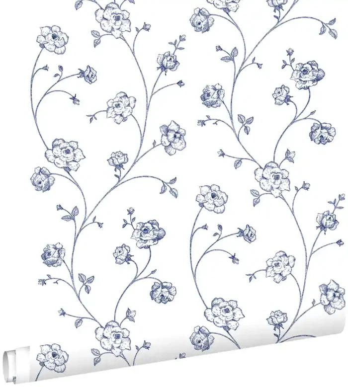papel pintado rosas en tela de jouy blanco y azul de ESTAhome – 139300