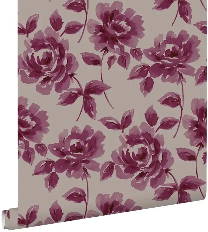 papel pintado rosas pintadas a la acuarela morado berenjena y gris pardo de ESTAhome – 128017