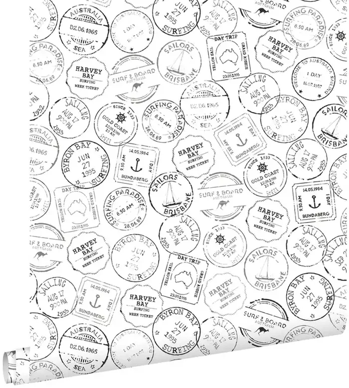 papel pintado sellos postales surf negro y blanco de ESTAhome – 138981